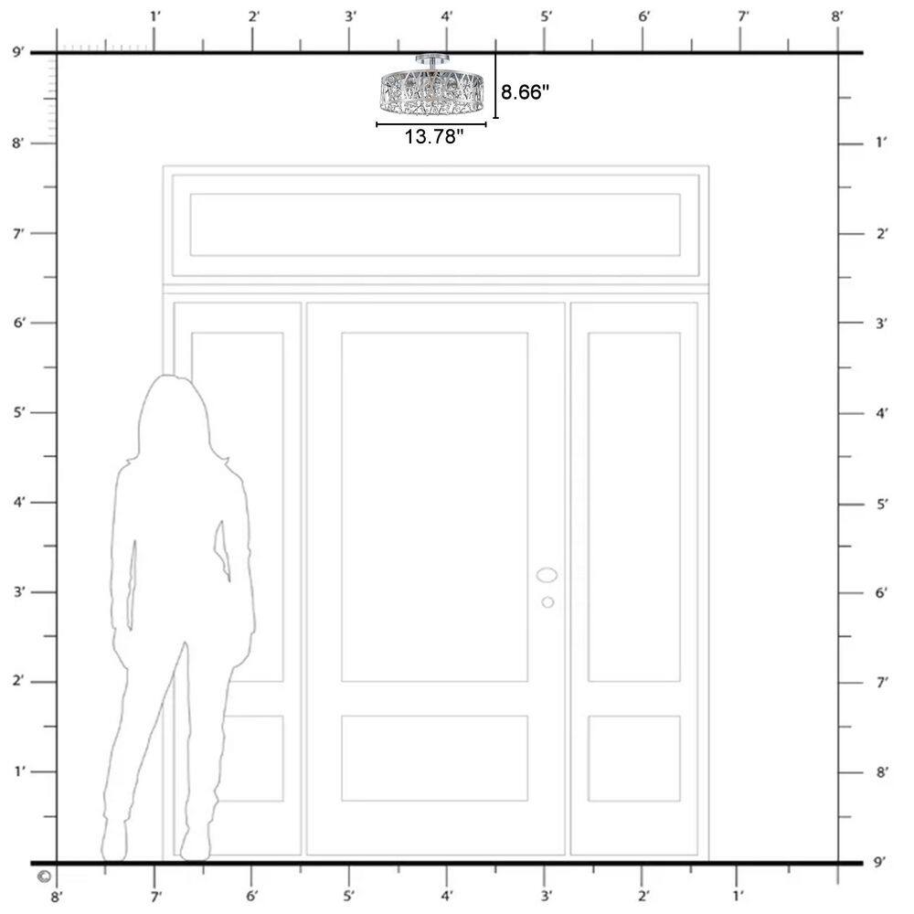 13.78 in. 1-Light Modern Chrome Round Dimmable LED Semi-Flush Mount Ceiling Light with Beaded Drum Crystal Shade - Hercitys