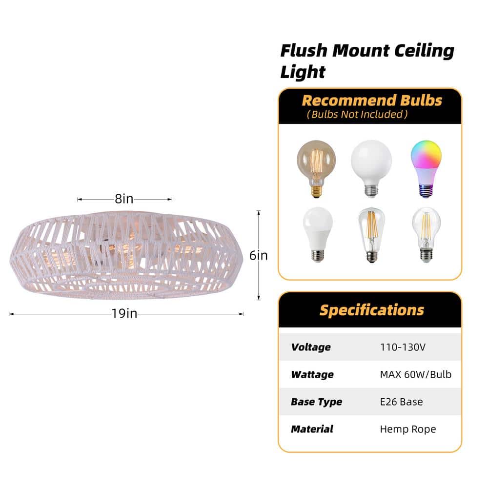 19.3 in. 4-Light White Caged Flush Mount with Rattan Shade and No Bulbs Included - Hercitys