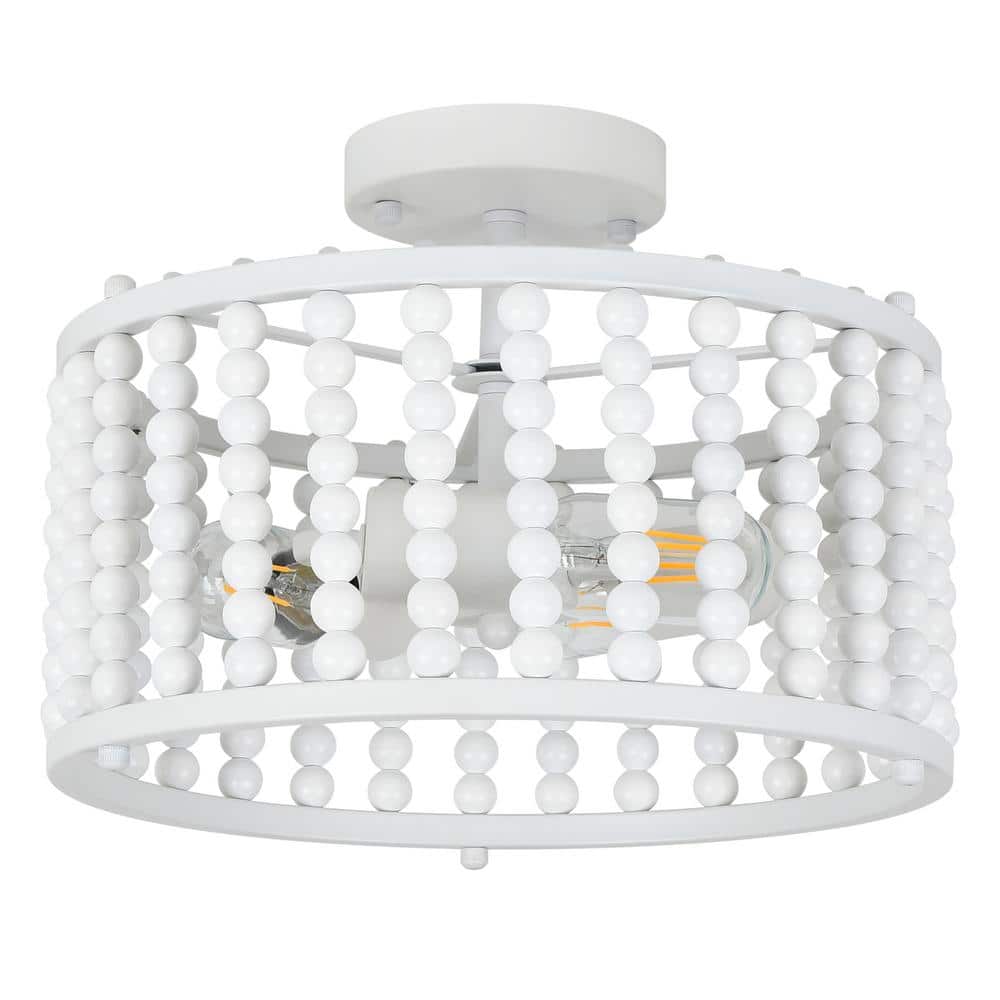 12.6 in. 3-Light White Farmhouse Wood Beaded Shade Semi-Flush Mount Ceiling Light - Hercitys
