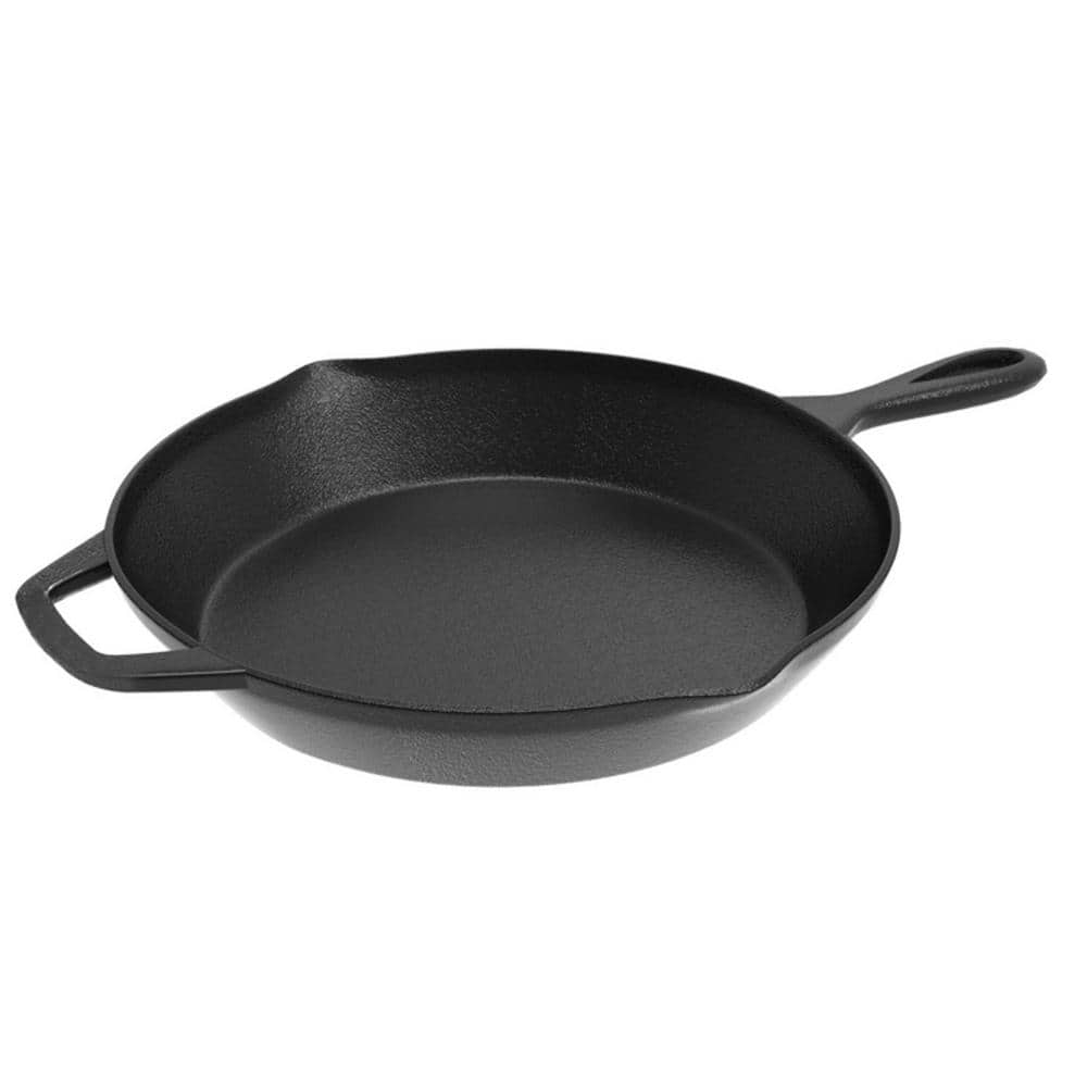 12 in. Cast Iron Skillet in Black with Pour Spout - Hercitys