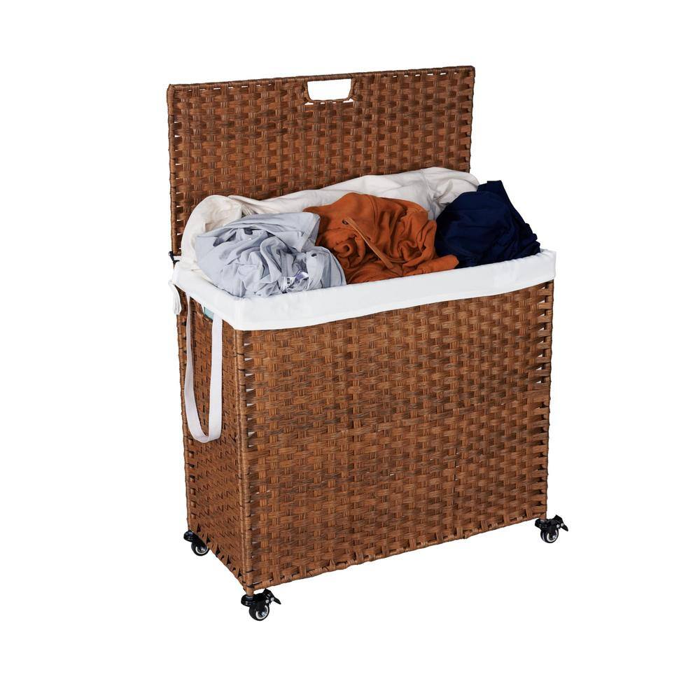42.26 Gal. Brown Rattan Deck Box Laundry Hamper with Lid and 2 Removable Bags - Hercitys