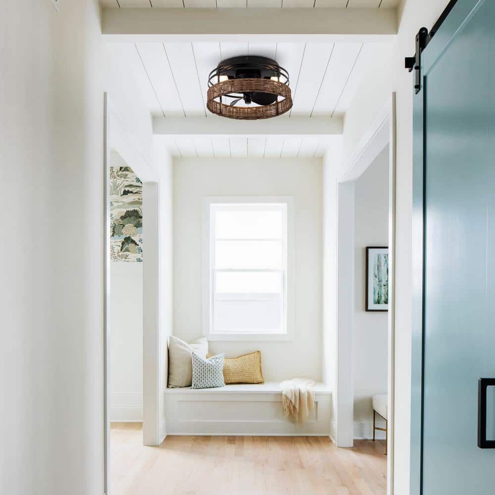 12.5 in. Indoor Brown Drum Flush Mount Ceiling Fan with Light Kit and Remote Control - Hercitys