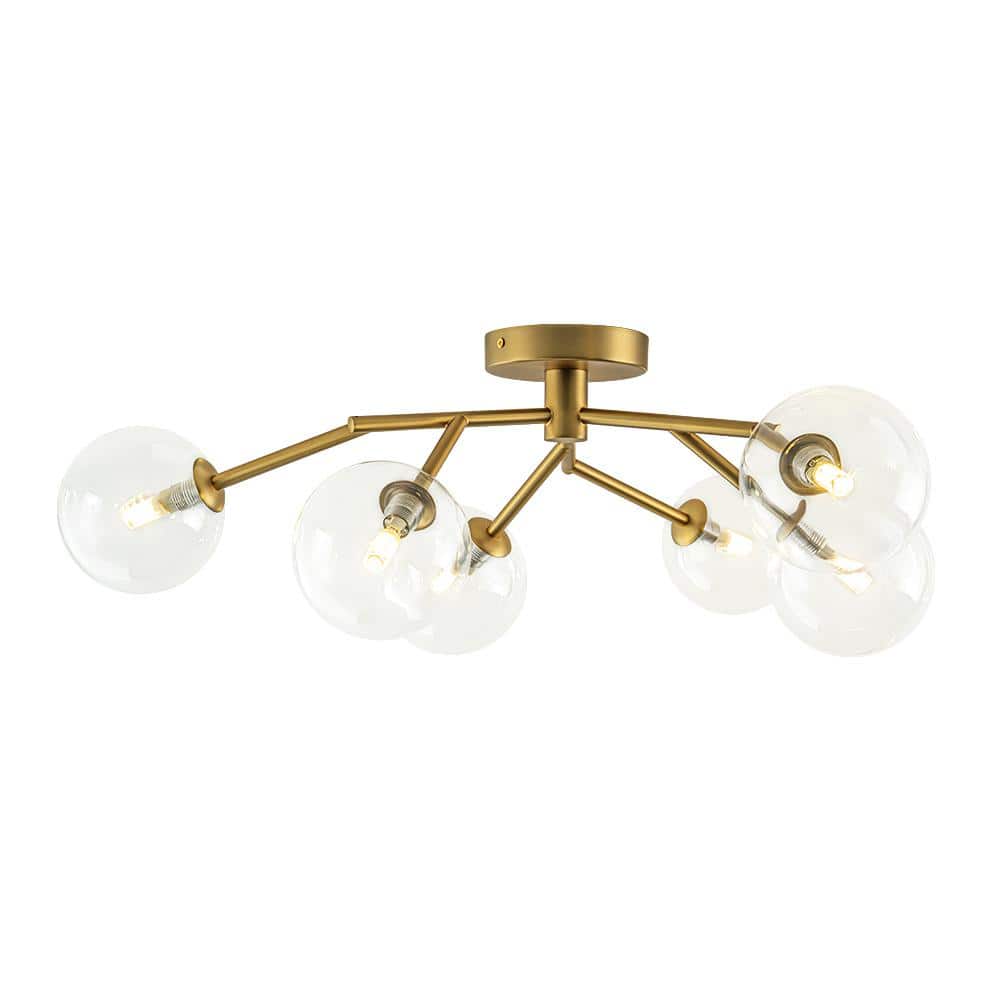 28.74 in. 6-Light Brushed Gold Mid-Century Modern Branch Bubble Globe Semi-Flush Mount Chandelier with Clear Glass Shade - Hercitys