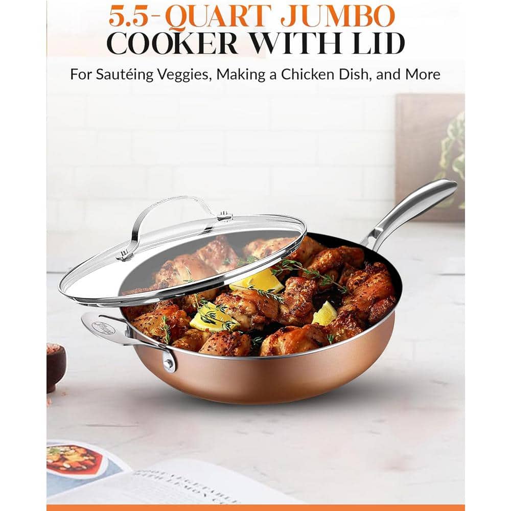 5.5 qt. Aluminum Cast Textured Coating Non-Stick Deep Saute Pan with Glass Lid and Helper Handle - Hercitys