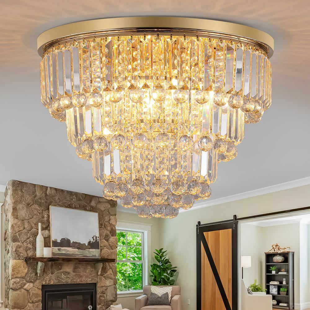 19.70 in. 6-Light Gold Flush Mount with Crystal Shade and No Bulbs Included - Hercitys