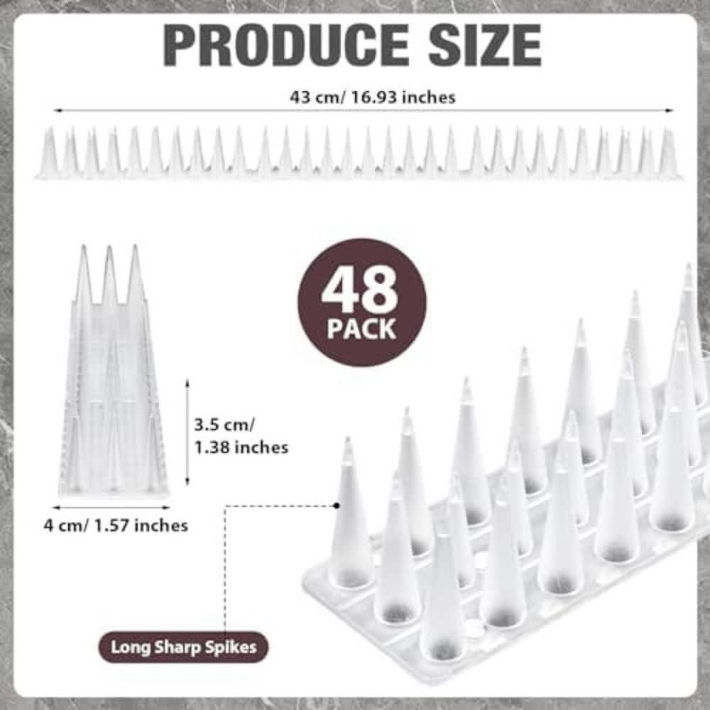 48-Pack Transparent Plastic Bird Spikes for Small Birds, Squirrels, and Pigeons - Hercitys