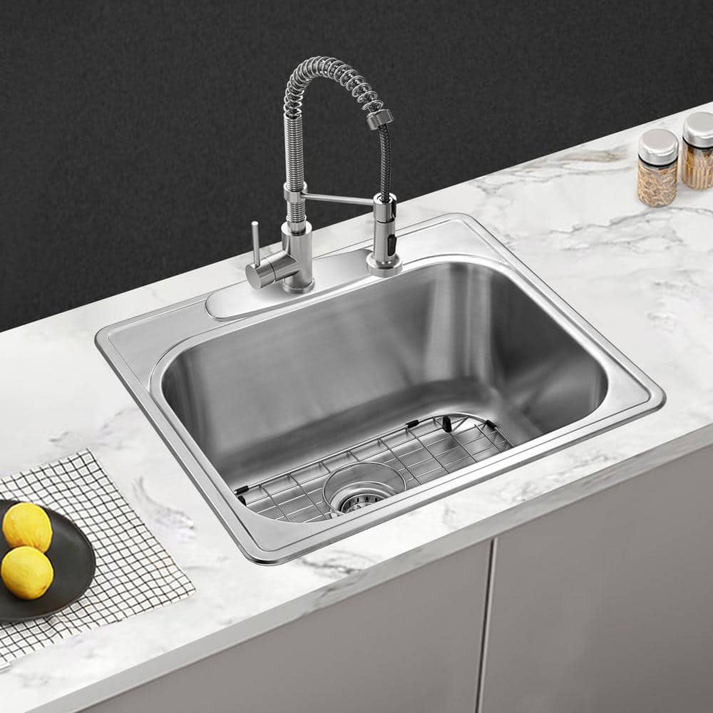 12 in. Depth 18-Gauge Stainless Steel 25 in. Single Bowl Drop-In Kitchen Sink with Bottom Grid - Hercitys