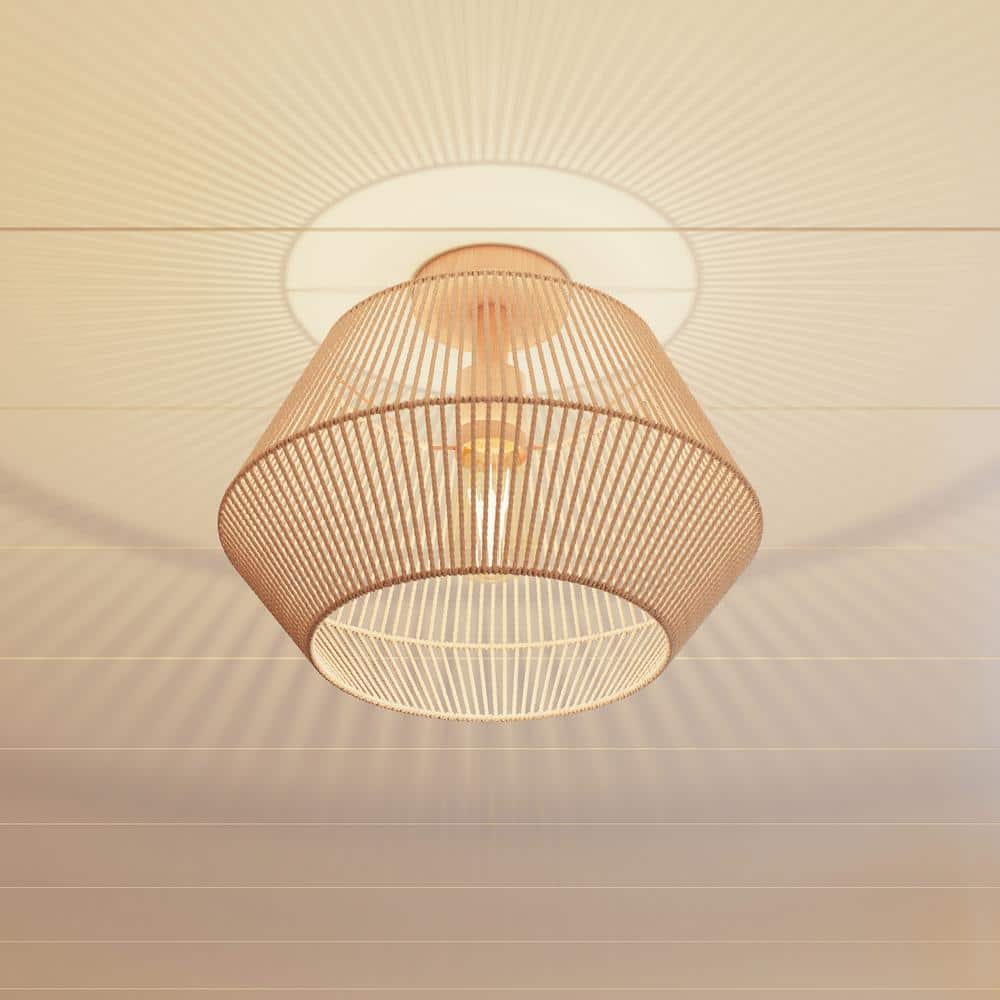 16 in. 1-Light Cream Small Semi-Flush Mount Ceiling Light with natural Simple Hand Weaved shade - Hercitys