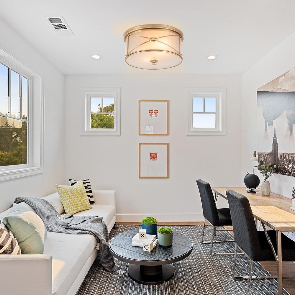 11.75 in. 2-Light Brass Flush Mount with Frosted Glass Shade and No Bulbs Included 1-Pack - Hercitys