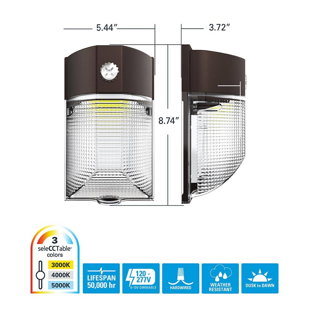 150- Watt Equivalent, Integrated LED, Bronze Finish, Dusk to Dawn Mini Wall Pack Light, Selectable CCT 3000K/4000K/5000K - Hercitys