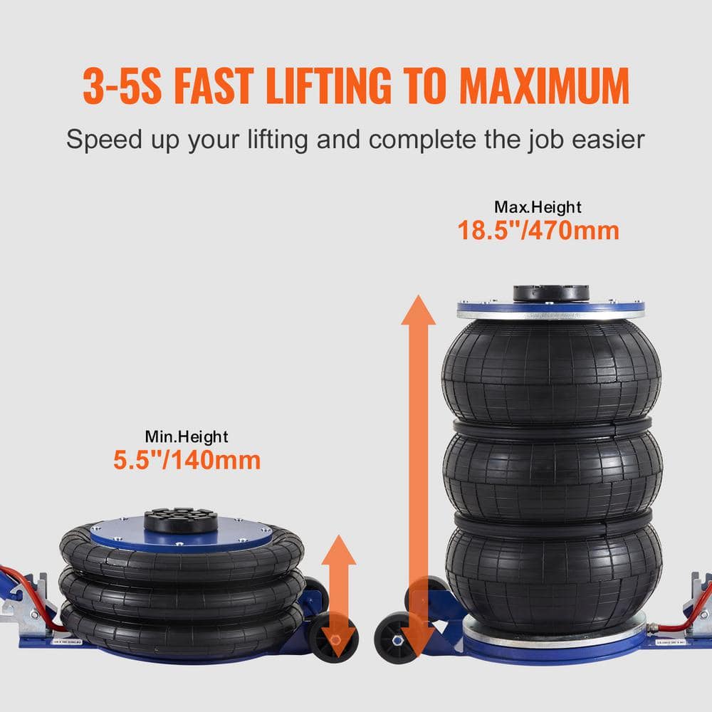 5 Ton/11000 lbs. Pneumatic Air Jack, Triple Bag, 18.5 in. Lift, Quick 3-5 Sec, 6-Steel Pipes, Adjustable Handle - Hercitys