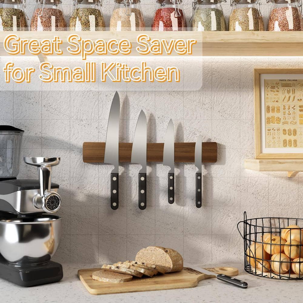 5-Knife 16 in. Dark Brown Acacia Wood Knife Magnetic Strip, Powerful Magnetic Knife Bar, Knife Holder for Kitchen - Hercitys