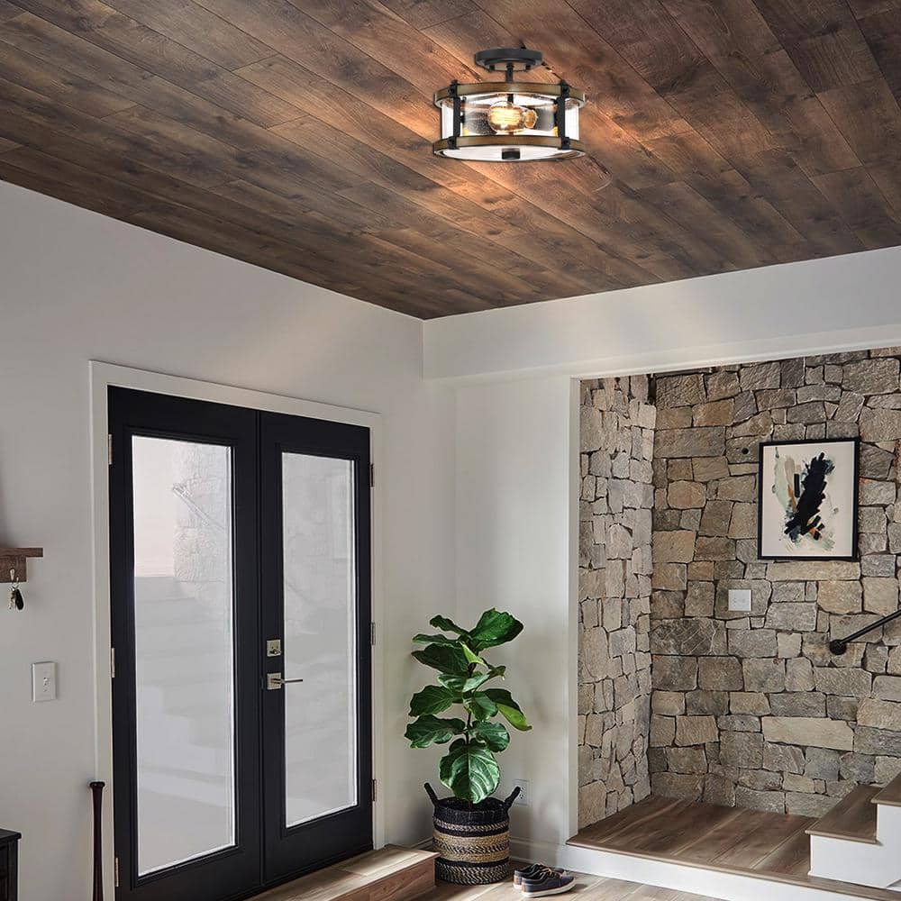 12.2 in. W. 2-Light Semi Flush Mount with Matte Black, Barnwood Accents and Seeded Glass Shade - Hercitys