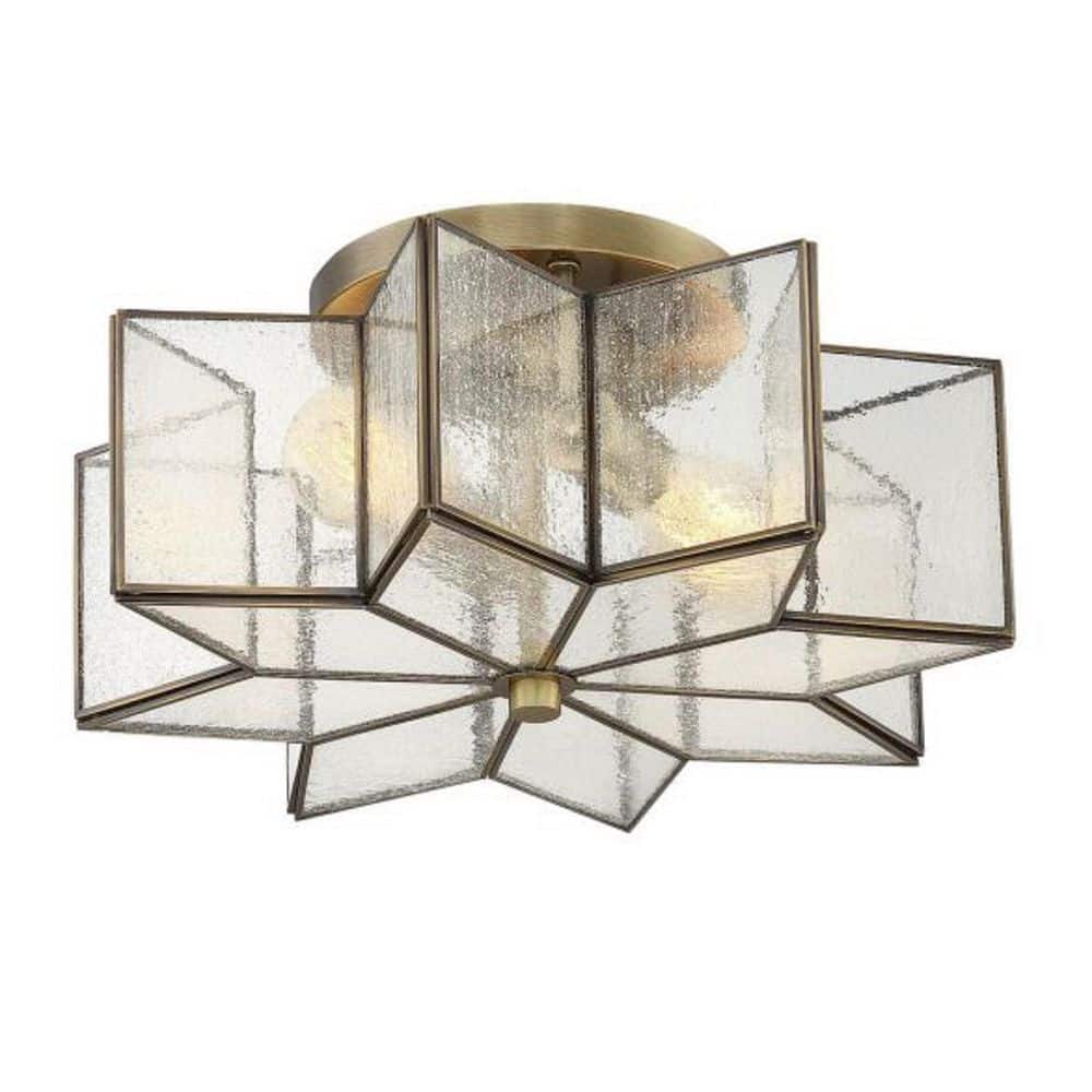 16 in. W x 7 in. H 2-Light Natural Brass Semi-Flush Mount Ceiling Light with Clear Seeded Glass Shade - Hercitys