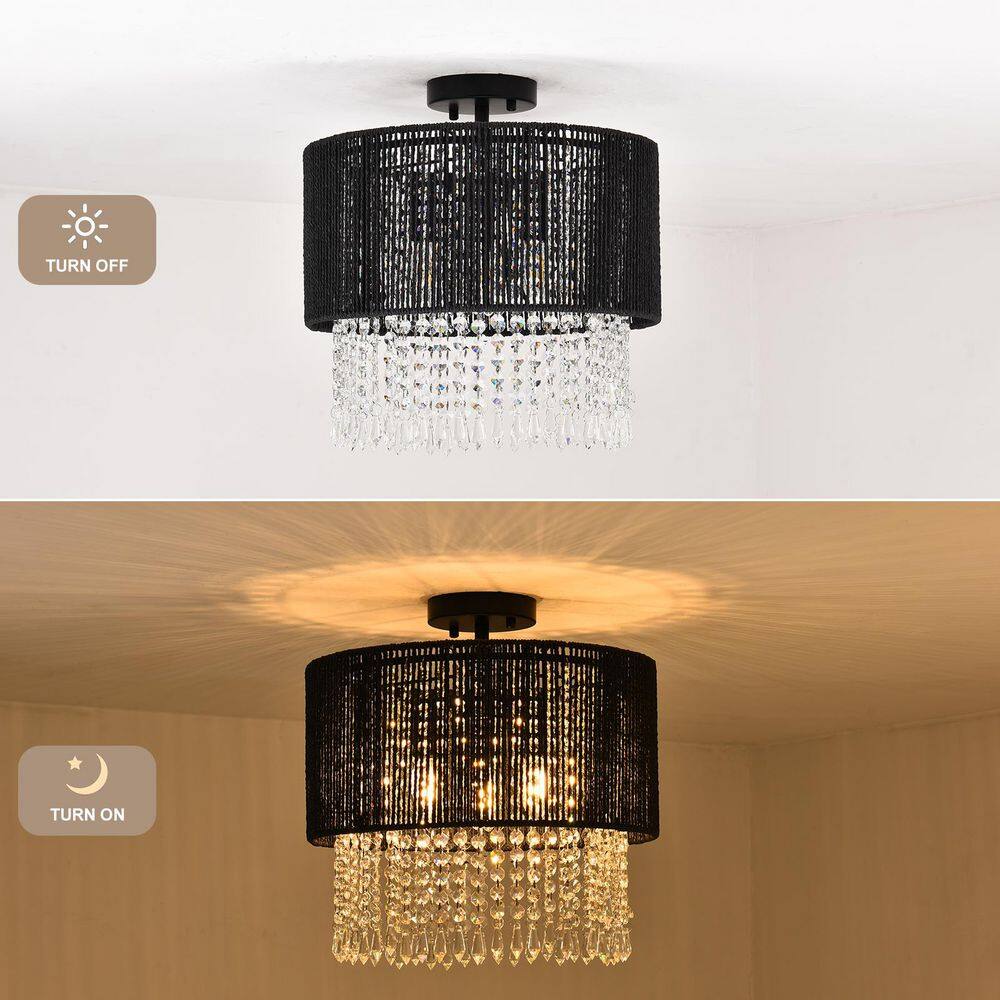 14.97 in. 3-Light Semi-Flush Mount with Rattan Shade and No Bulbs Included - Hercitys