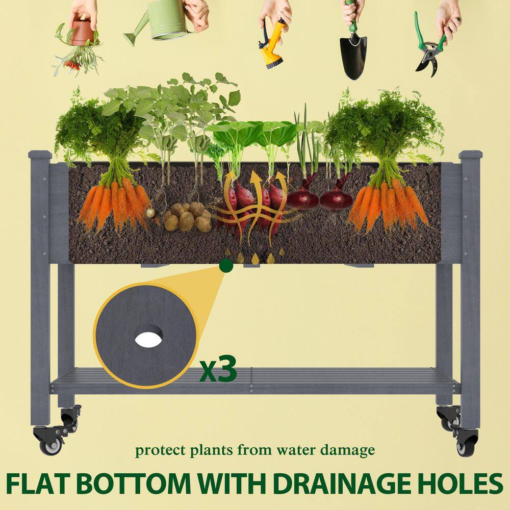 47 in. L x 23 in. W x 33 in. H Cedar Wood Raised Garden Bed with 4 Swivel Wheels and Liner, Gray - Hercitys