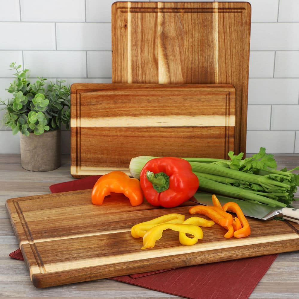 3 Piece 7 in., 10 in., and 17 in. Acacia Wood Cutting Board Set with Juice Grooves - Hercitys