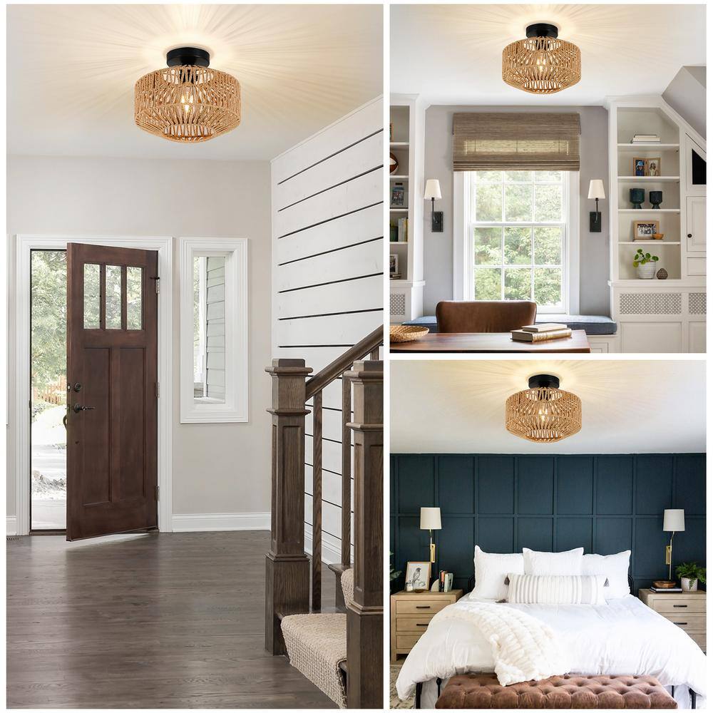 11.8 in. W 1-Light Mini Natural Rattan Chandelier Flush Mount Light with Dimmable LED Bulb - Hercitys