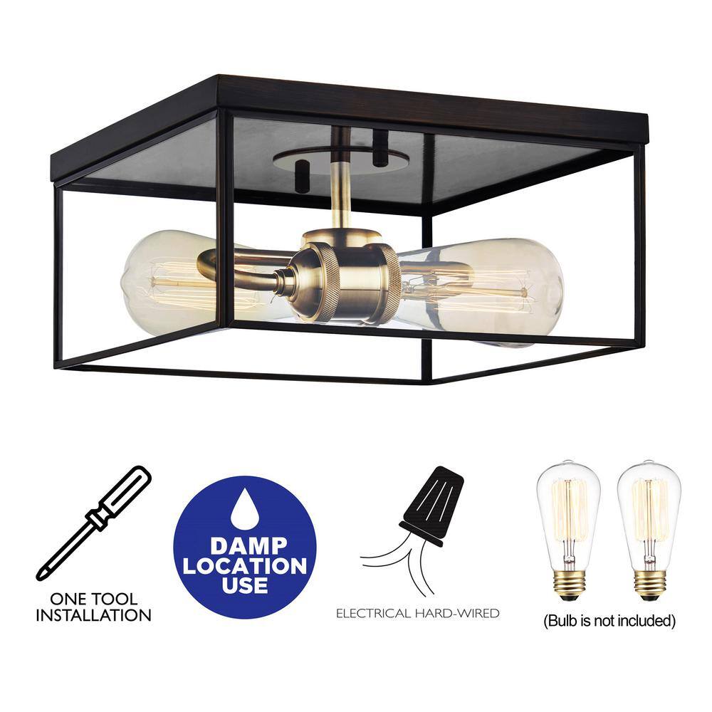2-Light Dark Bronze Brass Flush Mount Ceiling Light with Tempered Glass - Hercitys