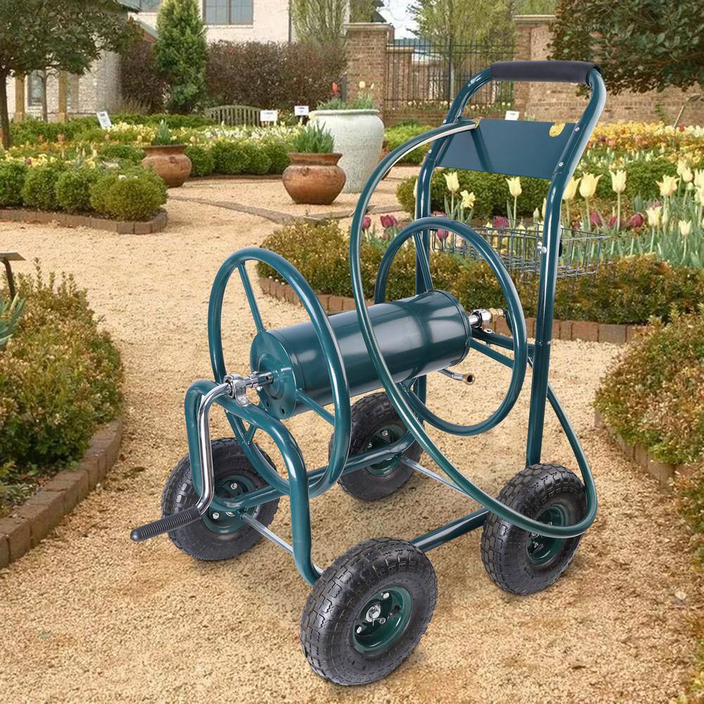 24.5 in. W Green 4 Wheels Portable Garden Hose Reel Cart with Storage Basket - Hercitys
