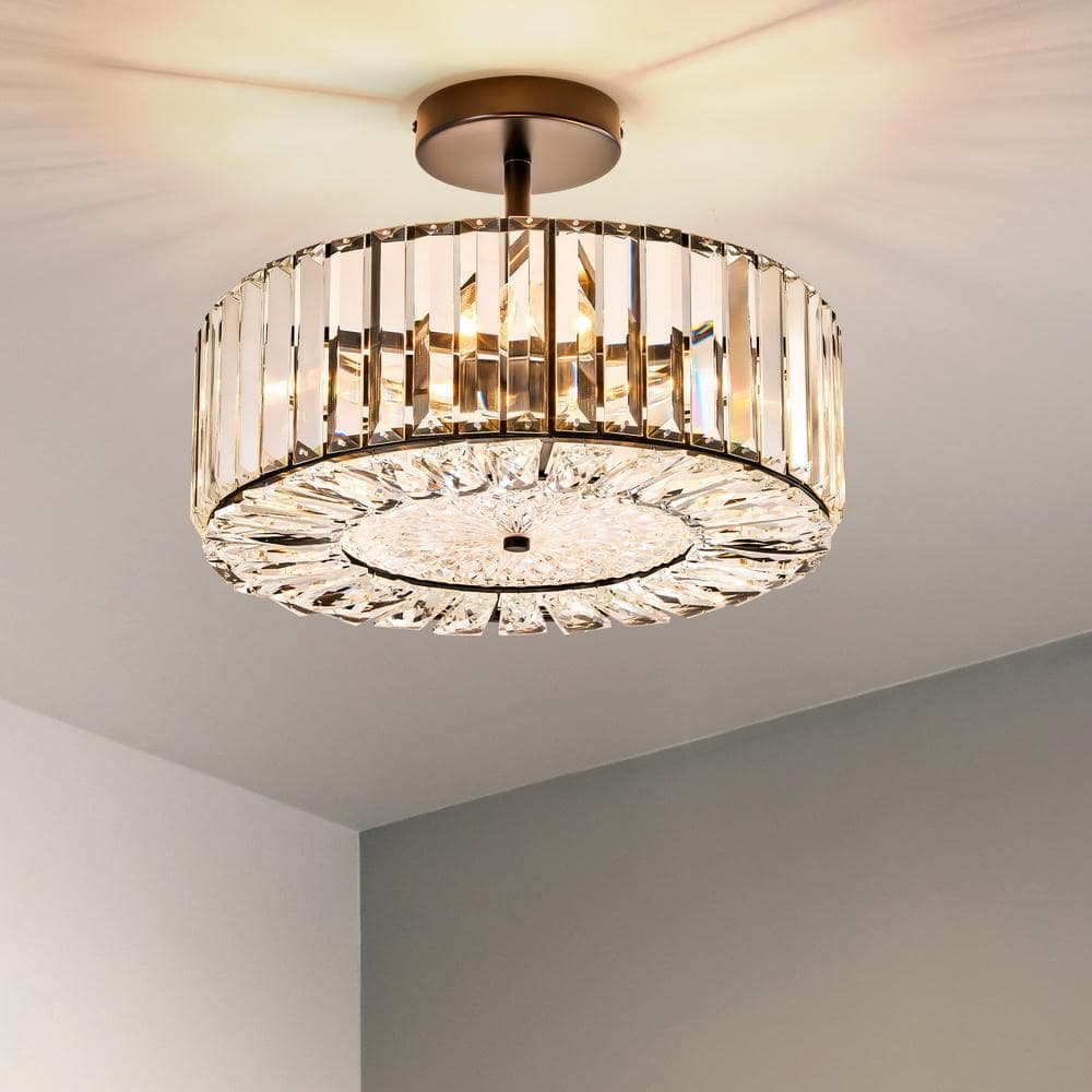 15 in. 4-Light Black Crystal Semi Flush Mount Ceiling Light With Clear Glass Shade - Hercitys