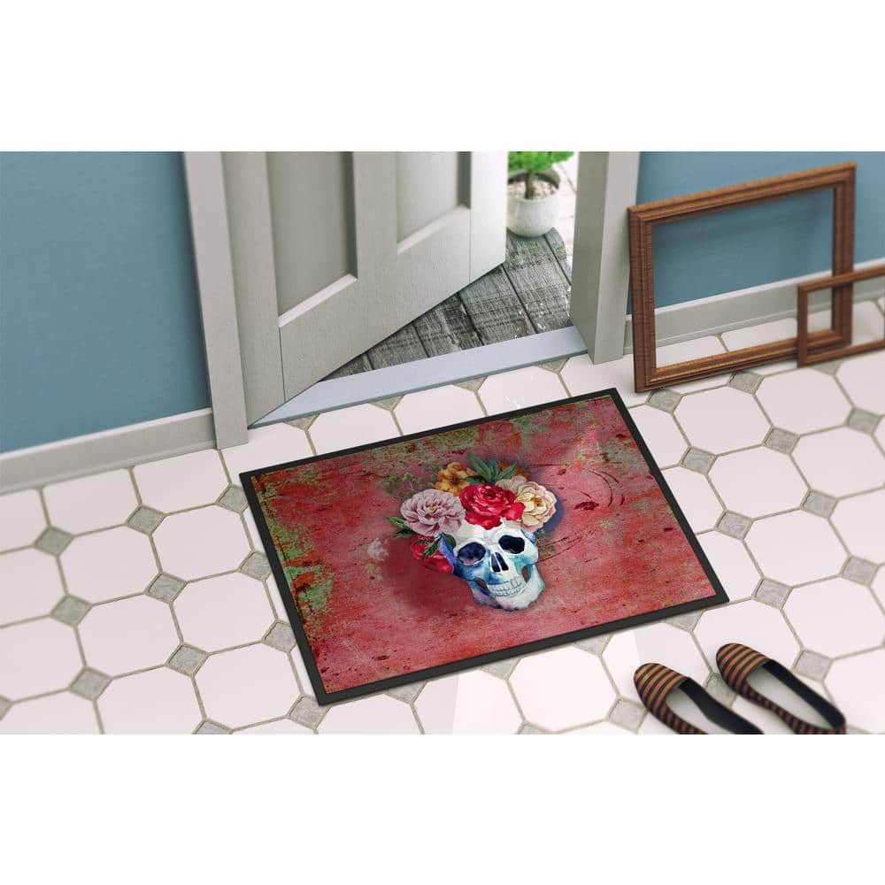 24 in. x 36 in. Indoor/Outdoor Day of The Dead Red Flowers Skull Door Mat - Hercitys