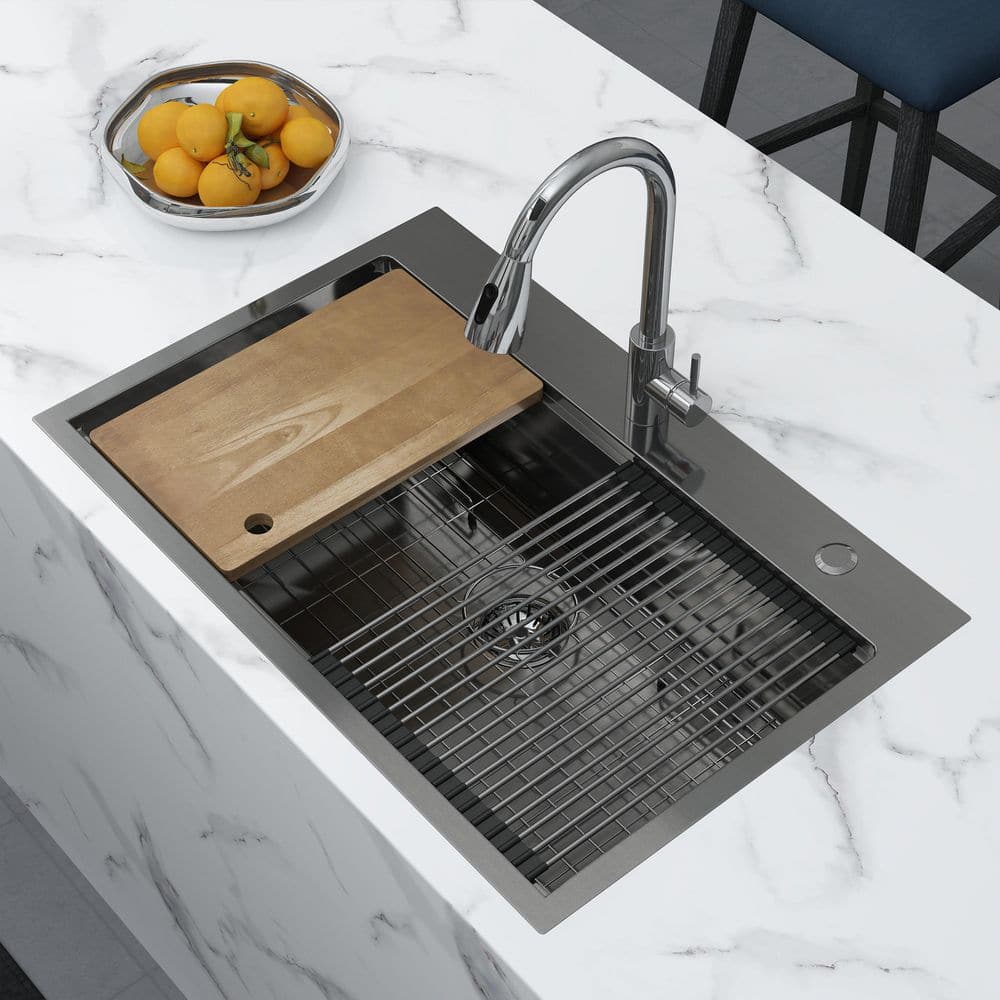 33 in. Drop-In/Undermount Single Bowl 16 Gauge Gunmetal Black Stainless Steel Kitchen Sink with Bottom Grids - Hercitys