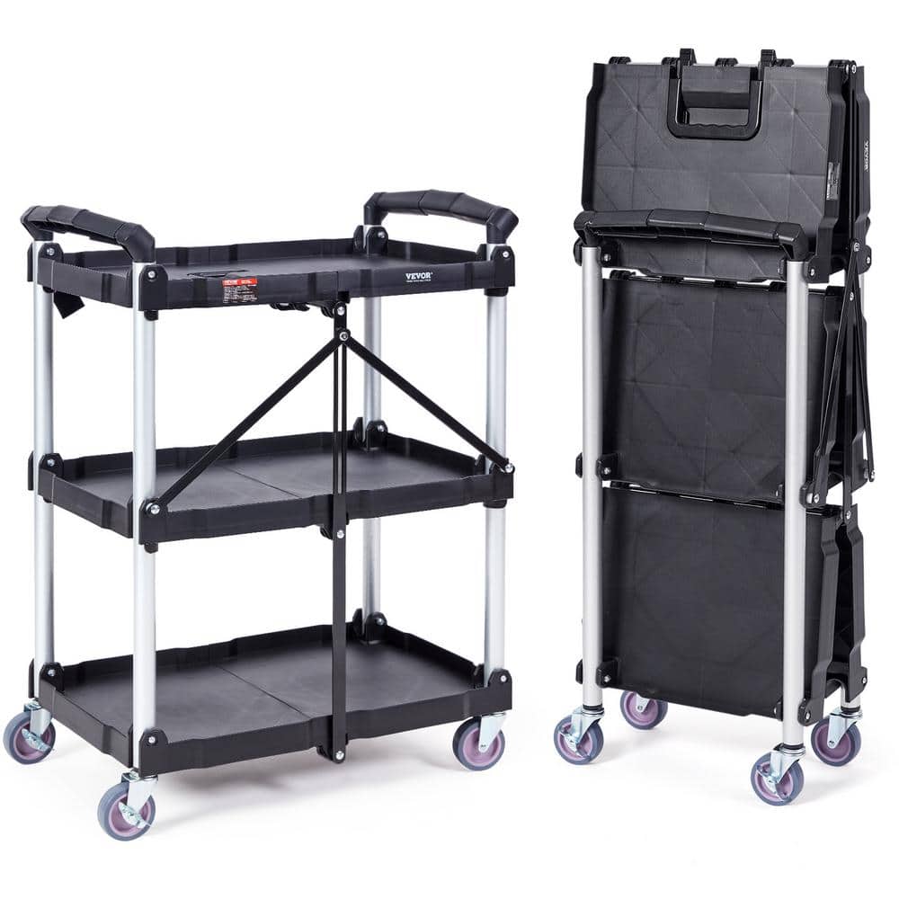 3-Shelf Foldable Utility Service Cart 165 lbs. Capacity Heavy Duty Plastic Rolling Cart in Black with Lockable Wheels - Hercitys