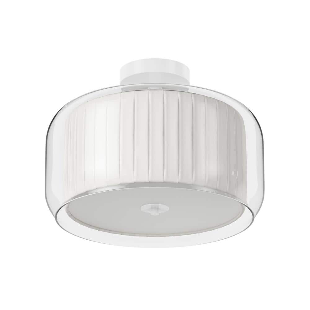 14.96 in. 3-Light White Semi Flush Mount Drum Light Modern Close to Ceiling Lamps with Double Fabric and Glass Shade - Hercitys