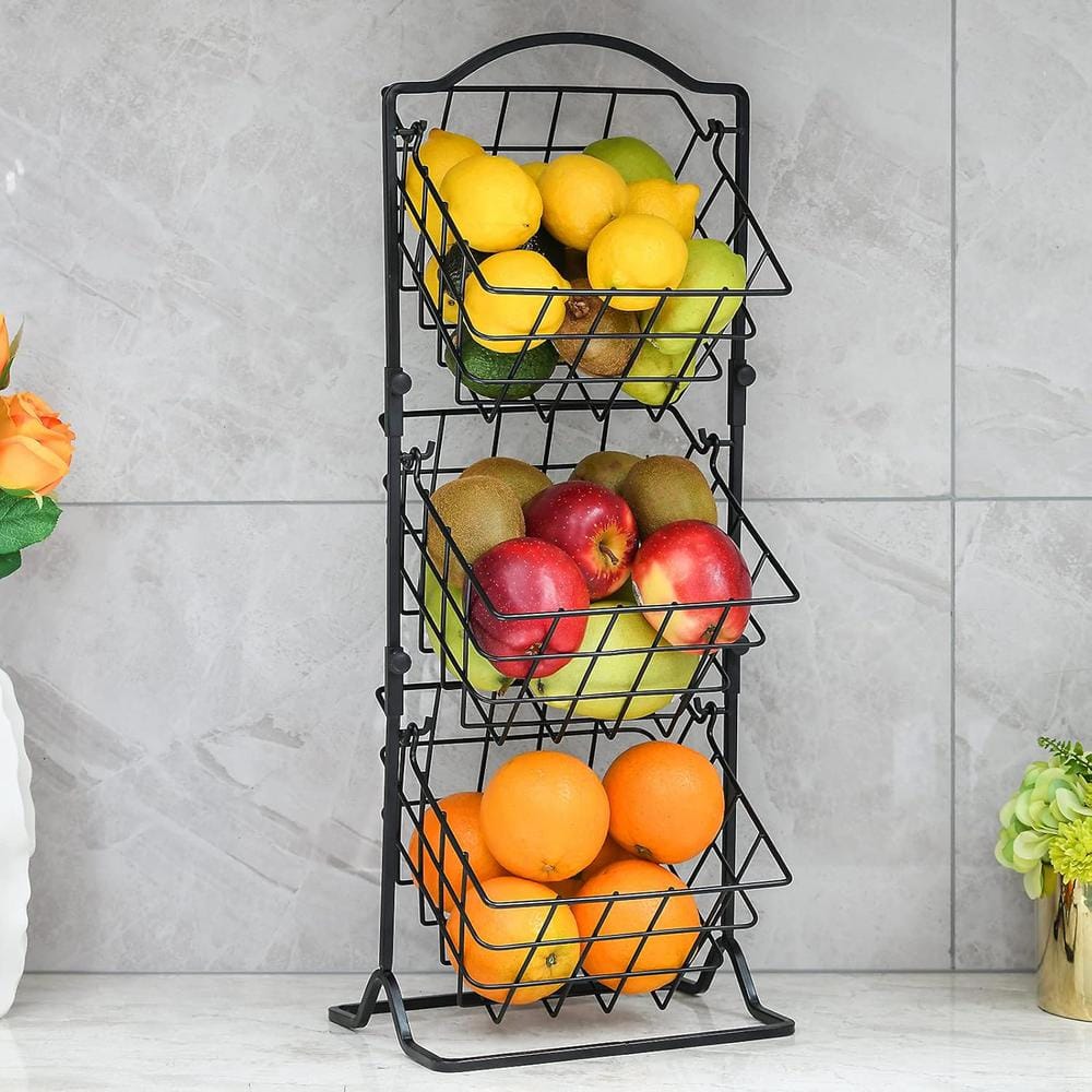 3 Tier Fruit Basket/Bowl for Kitchen Counter or Floor & Vegetables and Snacks Metal Market Storage Stand, Matte Black - Hercitys