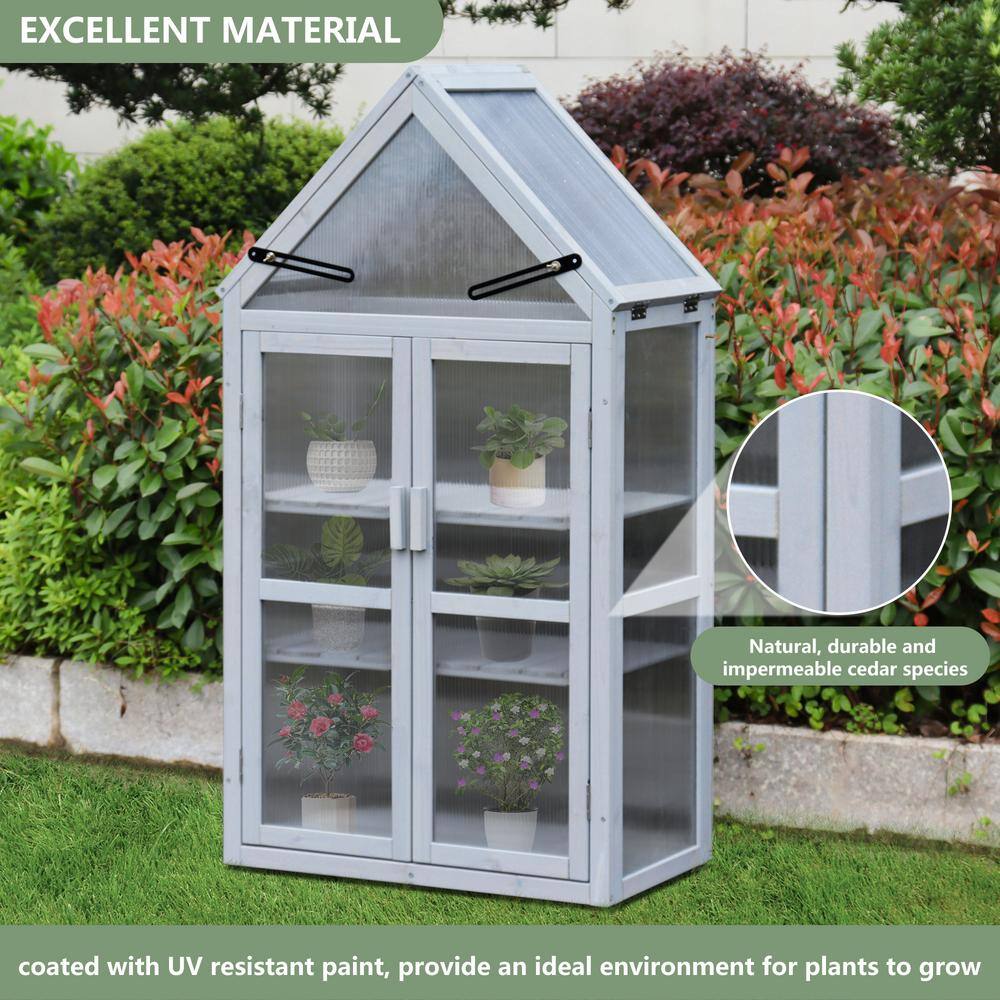 27.55 in. W x 16.14 in. D x 52.36 in. H Wood Gray Mini Greenhouse with Adjustable Roof Panels, Adjustable Shelf - Hercitys