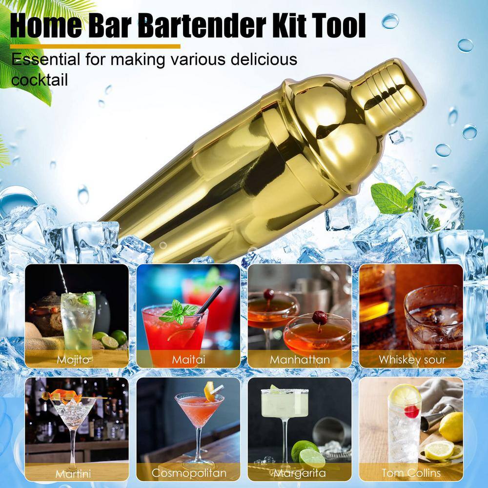 12-Piece 25 oz. Gold Cocktail Shaker Set, Stainless Steel Bar Tool Set, Bartender Kit with Stylish Bamboo Stand - Hercitys