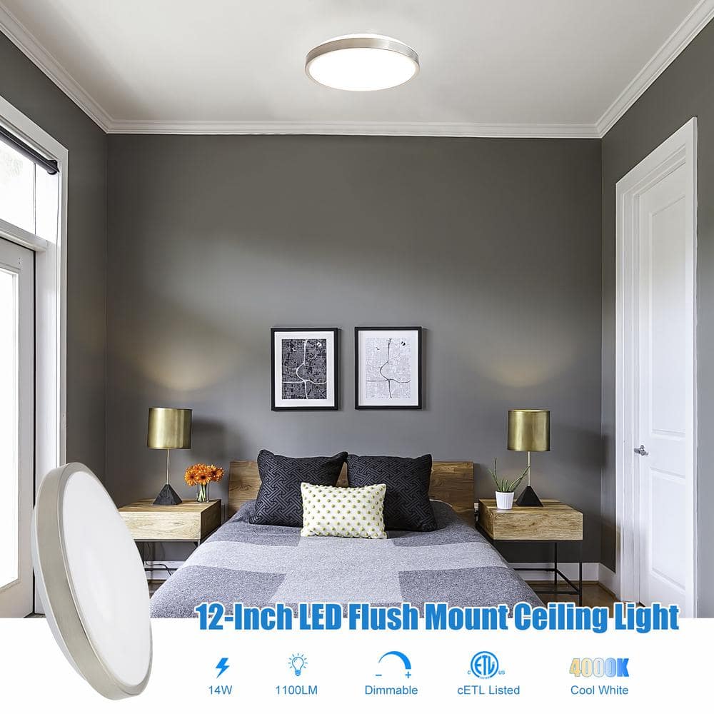 12 in. Light Brushed Nickel Integrated LED Round Ceiling Flush Mount Light Fixture 4000K - Hercitys