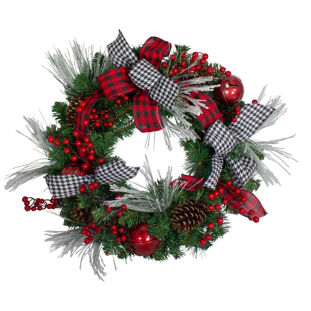 24 in. Red Unlit Plaid and Houndstooth and Red Berries Artificial Christmas Wreath - Hercitys