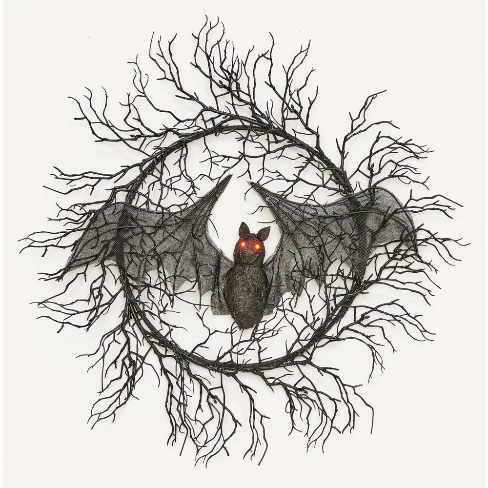 22 in Plastic Twig Halloween Wreath with Light Up Eyes Bat - Hercitys