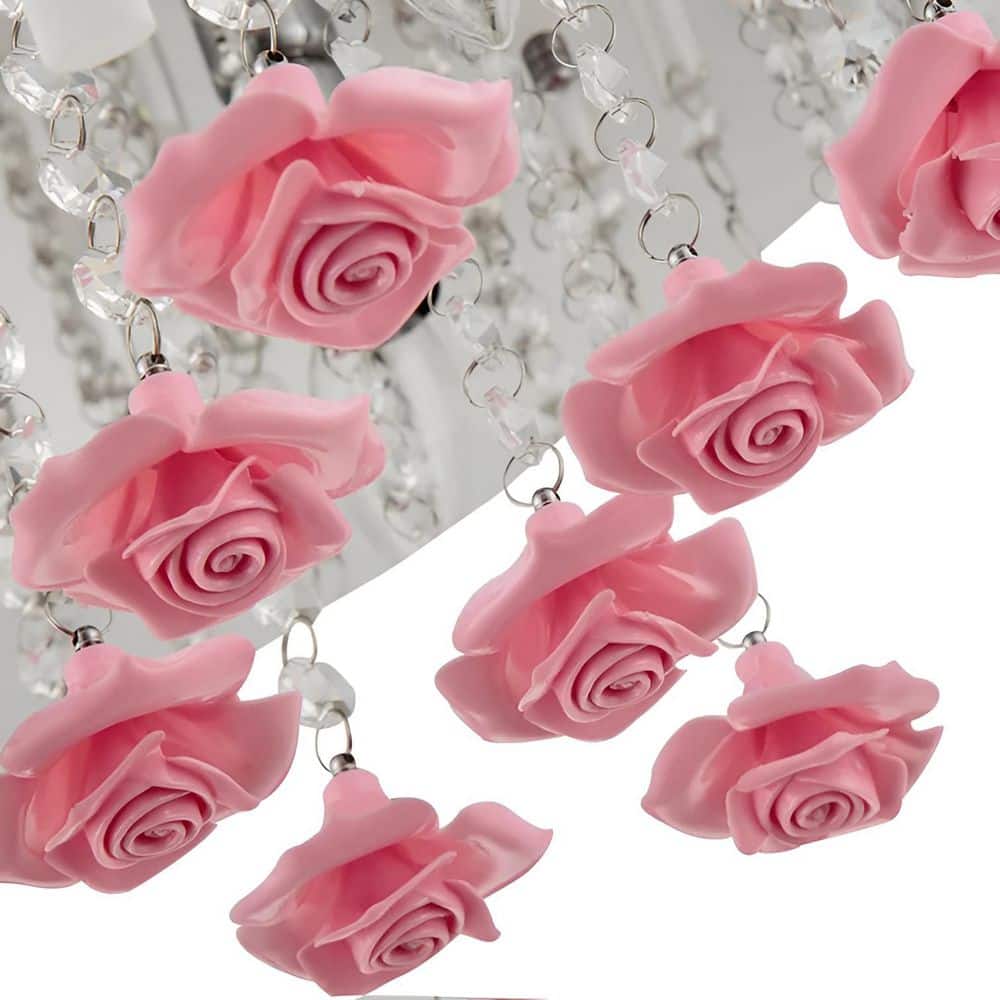 20 in. 7-Light Polished Chrome Flush Mount with Glass Tube Shade and Pink Flower Accents - Hercitys