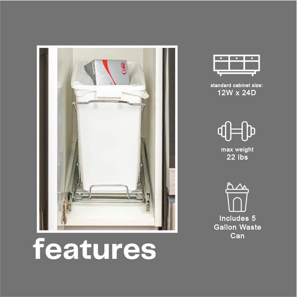 15 in. Single Sliding Trash Can in Chrome with 5 Gal. White Bin - Hercitys