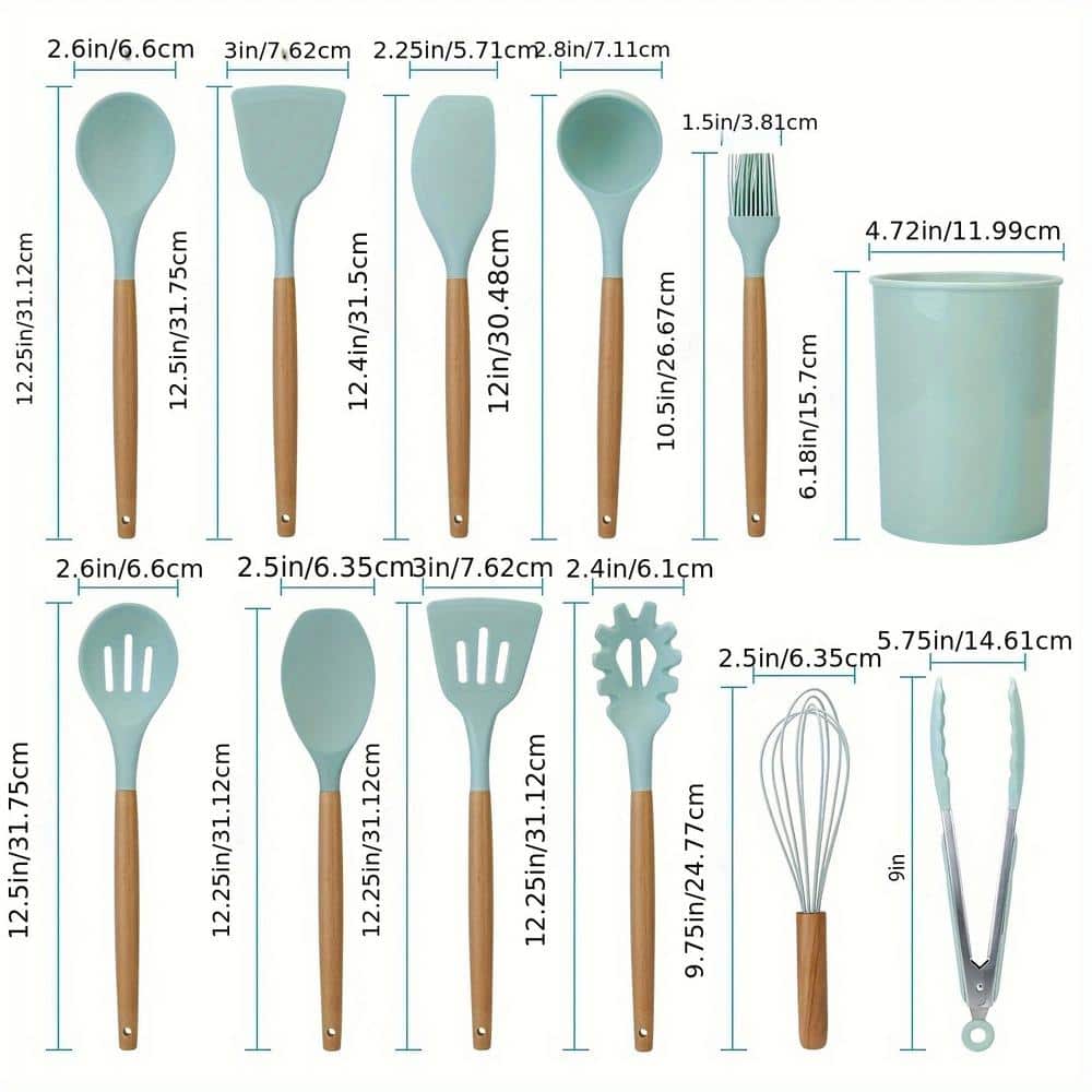 11-Pieces Light Green Silicone Cooking Utensil Set Heat Resistant Wooden Handle - Hercitys