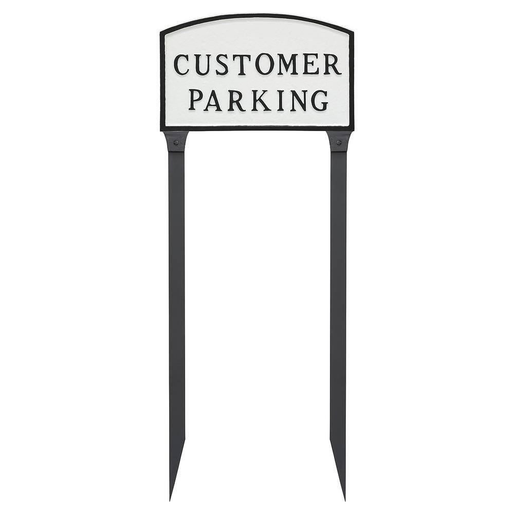 10 in. x 15 in. Standard Arch Customer Parking Statement Plaque Sign with 23 in. Lawn Stakes – White/Black - Hercitys