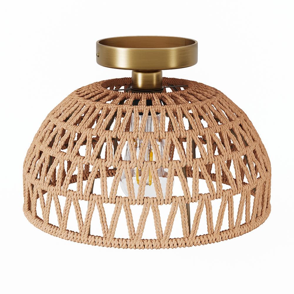 11.02 in. 1-Light Handmade Woven Boho Semi-Flush Mount Rustic Rattan Ceiling Light - Hercitys