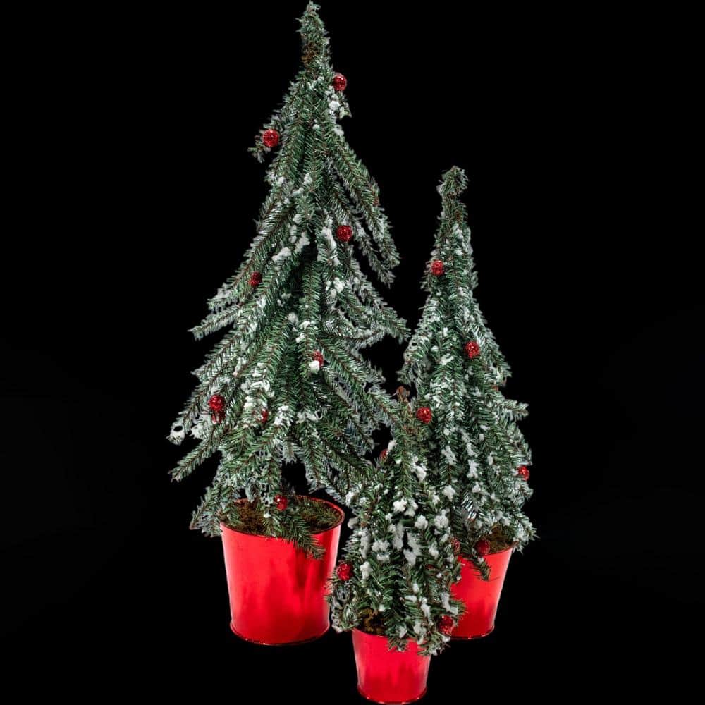 12,18,24 in., Christmas Unlit Flocked Alpine Tabletop Centerpiece Trees in Metal Pot, (Set of 3) - Hercitys