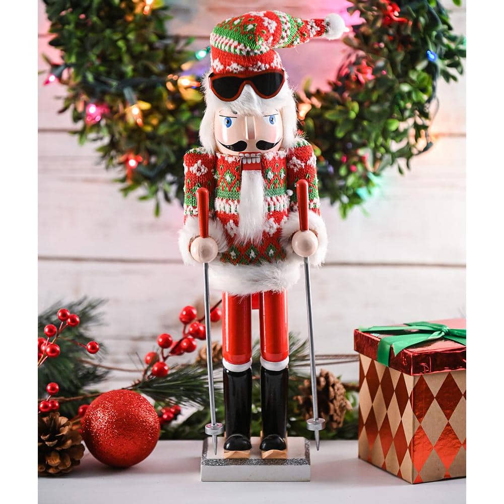 15 in. Wooden Christmas Skier Man Nutcracker -Red and Green Nutcracker Guy with Ugly Sweater and Skis in Skiing Pose - Hercitys