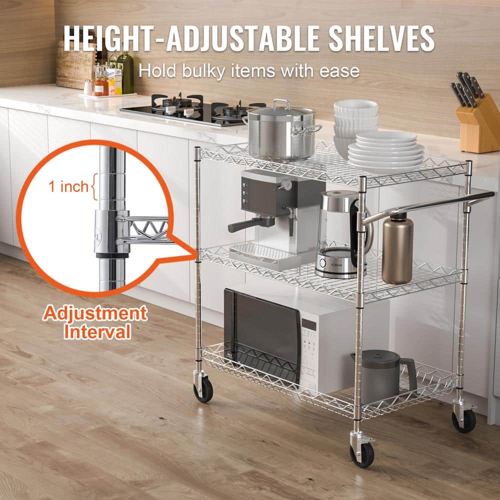3-Tier Kitchen Cart, 661 lbs. Capacity, Steel Service Trolley with 3.15 in. Deep Basket, Curved Handle and 6-Hooks - Hercitys