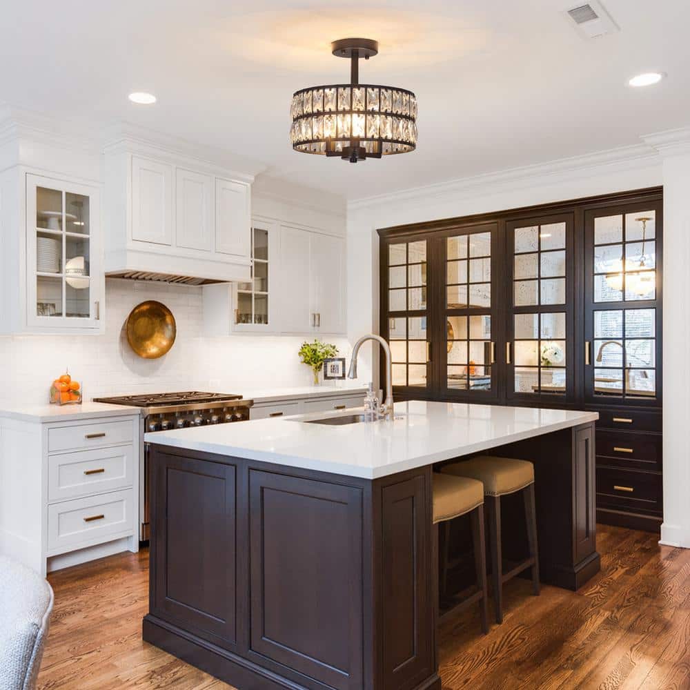 12.59 in. Koyal 3-Light Round Black Drum Chandelier Semi Flush Mount Ceiling Light with Clear Crystal Glass Drum Shade - Hercitys