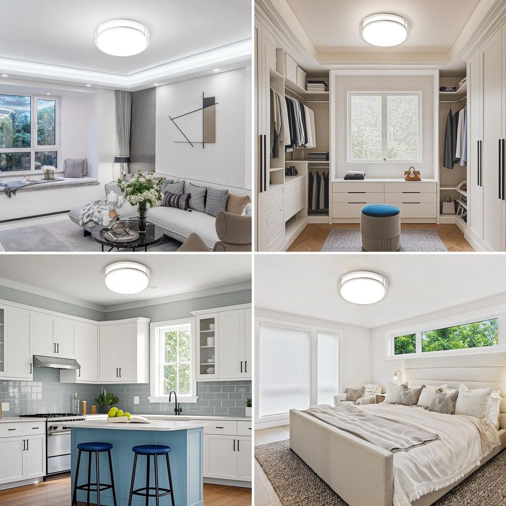 14 in. 20-Watt, 1600 Lumens Brushed Nickel LED Finish Double Ring CCT Flush Mount Ceiling Light - Hercitys