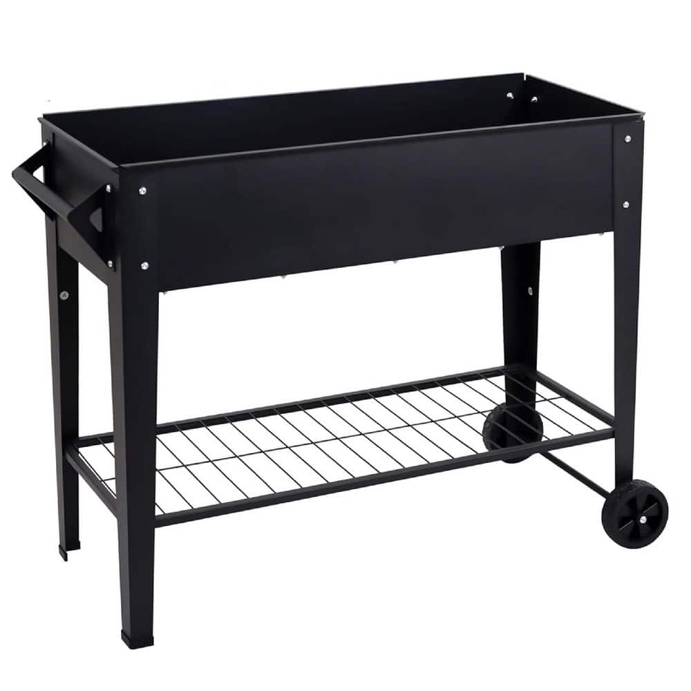 32 in. Tall Black Alloy Steel Rectangular Outdoor Tall Raised Garden Bed with Wheels and Shelf, Anti-Rust Planter Box - Hercitys