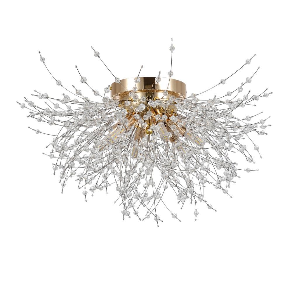 19.7 in. W 6-Light Gold Modern Sputnik Firework Crystal Chandelier Flush Mount Ceiling Light - Hercitys