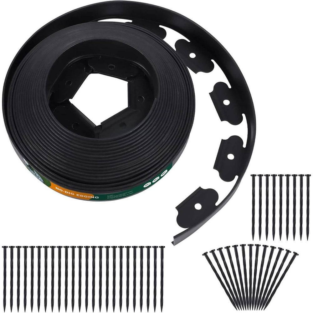 100 ft. x 0.1 in. x 2 in. Black Polyethylene Edging with Stakes, No Dig, Cuttable - Hercitys