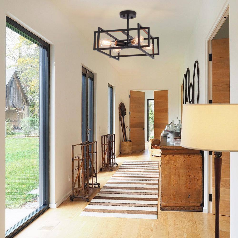 14.96 in. 4-Light Geometric Black Modern Semi-Flush Mount Ceiling Light with No Bulbs Included - Hercitys