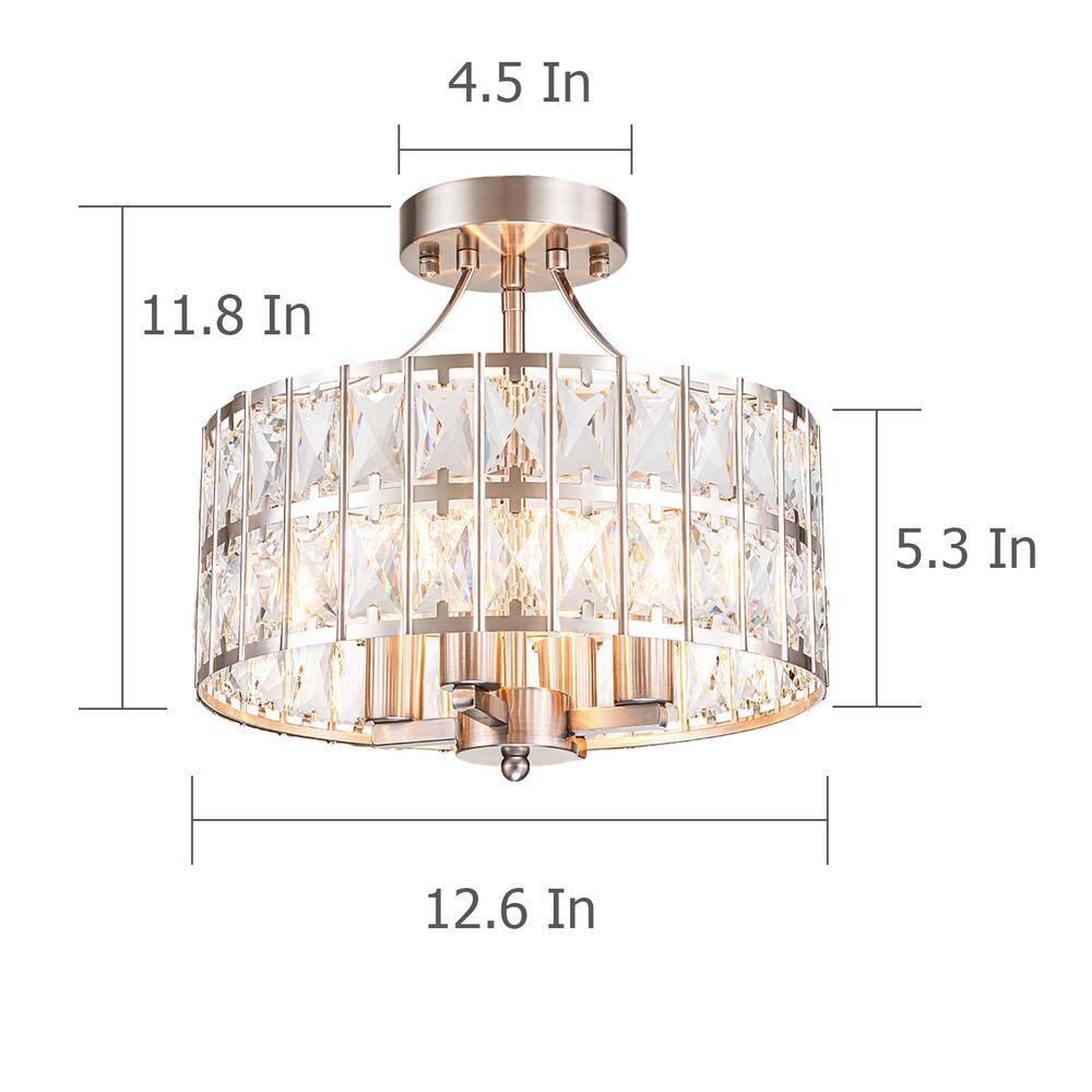 12.6 in. 4-Light Round Nickel Drum Semi Flush Mount Ceiling Light with Clear Crystal Glass with No Bulbs Included - Hercitys